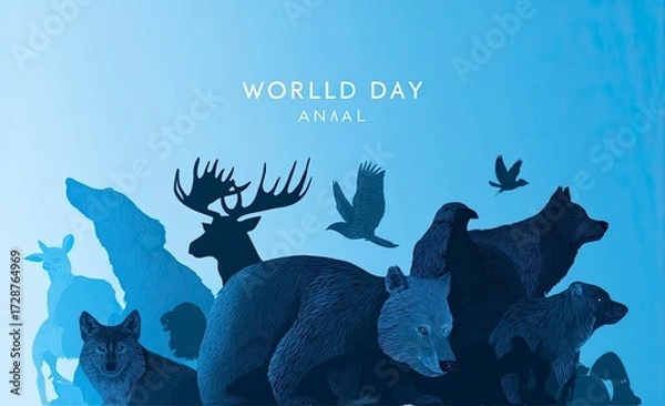 Fototapeta Dynamic world animal day banner featuring silhouettes of diverse creatures, celebrating wildlife and conservation efforts with vibrant design.