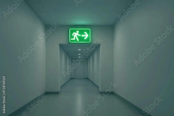 Fototapeta Illuminated Emergency Exit Sign Highlighting Corridor Pathway for Safe Evacuation Directions