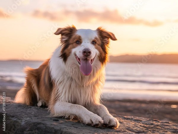 Obraz Happy border collie dog panting on beach at sunset