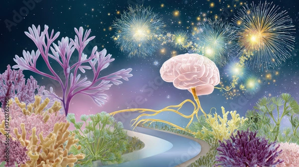 Fototapeta Surreal illustration of a brain surrounded by colorful corals, vibrant fireworks, and a cosmic background representing creativity and consciousness