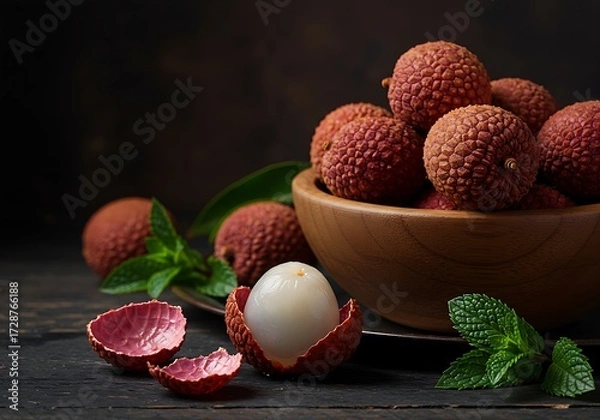 Obraz Moody Still Life of Fresh Lychees in Wooden Bowl with Dark Dramatic Lighting