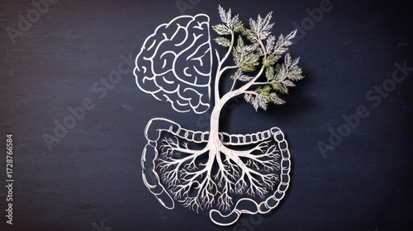 Fototapeta Abstract illustration of a brain and digestive system intertwined with a tree, symbolizing the connection between mental and gut health