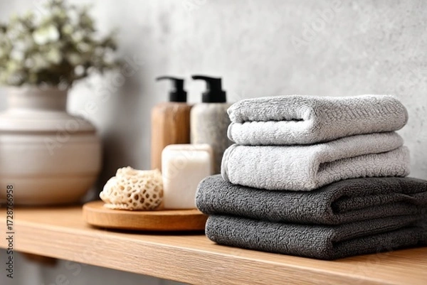Fototapeta Stack of folded towels with soap and dispenser on wooden shelf.