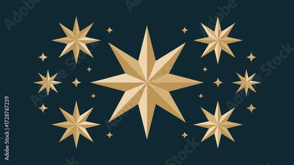 Fototapeta A collection of golden stars of varying sizes arranged on a dark blue background in a symmetrical pattern