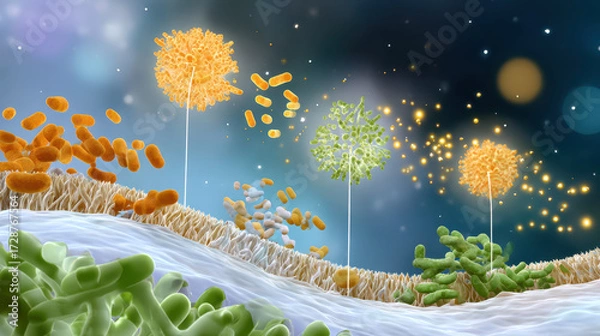 Fototapeta Colorful abstract representation of microorganisms resembling trees in a cellular environment with shimmering particles in the background