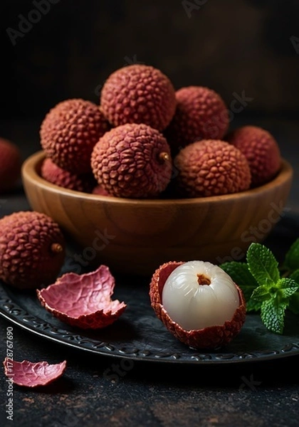 Obraz Moody Still Life of Fresh Lychees in Wooden Bowl with Dark Dramatic Lighting
