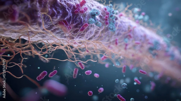Fototapeta Microscopic view of bacteria and microorganisms interacting in a biological environment with a focus on cellular structures
