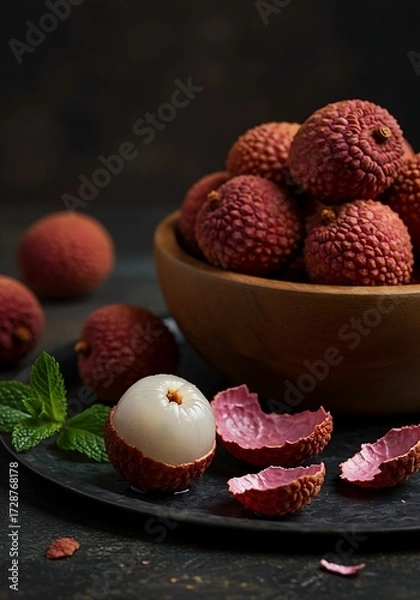 Obraz Moody Still Life of Fresh Lychees in Wooden Bowl with Dark Dramatic Lighting
