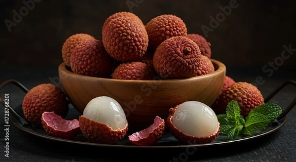 Obraz Moody Still Life of Fresh Lychees in Wooden Bowl with Dark Dramatic Lighting