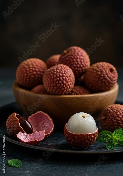Obraz Moody Still Life of Fresh Lychees in Wooden Bowl with Dark Dramatic Lighting