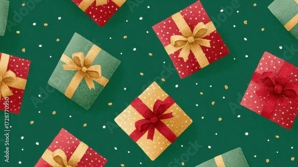 Fototapeta Festively Wrapped Gift Boxes in a Cheerful Pattern, Perfect for Celebrating the Holiday Season with Colorful Designs and Decorative Ribbons