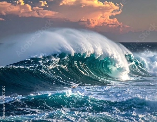 Fototapeta Powerful ocean waves at sunset