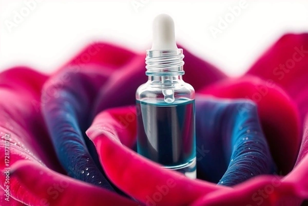 Fototapeta Minimalist composition of a serum dropper bottle placed on fresh rose petal with visible water droplets, commercial style