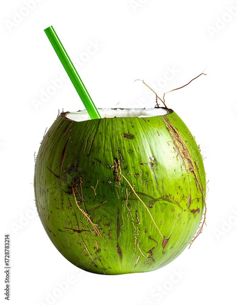 Fototapeta Fresh coconut drink with a green straw