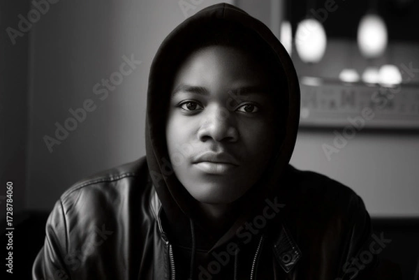 Fototapeta A young man gazes intently at the camera, wearing a hoodie and a leather jacket, in a warm, dimly lit indoor space in the evening. Generative AI.