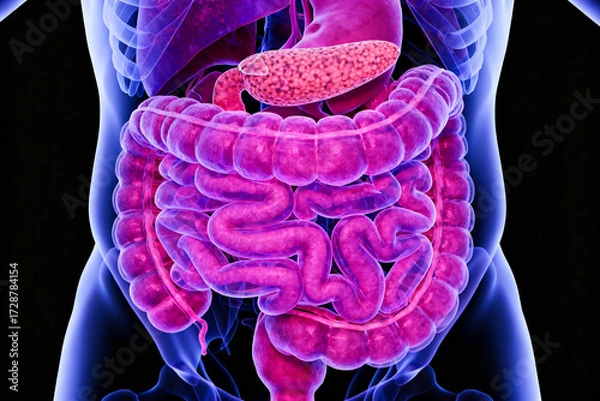 Fototapeta Anatomical illustration of the human digestive system highlighting the intestines and surrounding organs