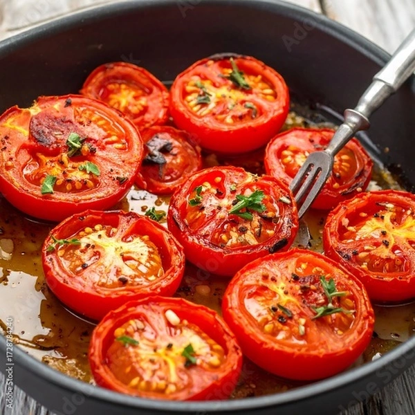 Fototapeta Roasted tomato slices in a pan
