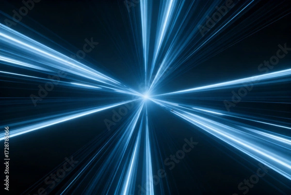 Fototapeta Abstract blue light rays radiating from a central point in a dark background