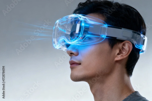Fototapeta Person wearing futuristic augmented reality glasses with glowing blue interface