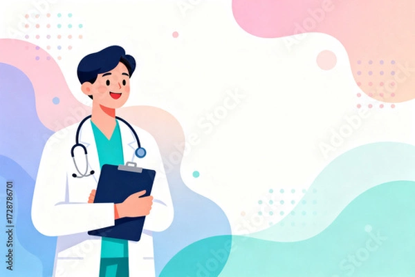 Fototapeta Illustration of a smiling doctor holding a clipboard with a stethoscope around the neck against a colorful abstract background