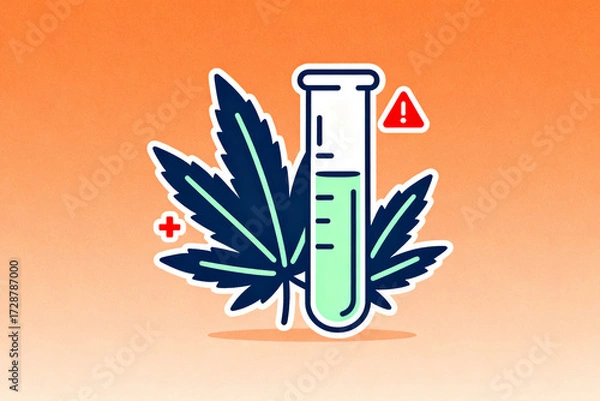 Fototapeta Illustration of a cannabis leaf and test tube with warning symbol, representing medical or scientific analysis of marijuana.