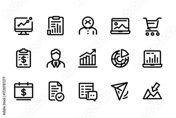 Fototapeta Set of business and finance-related line icons including charts, documents, shopping cart, and user profiles