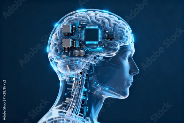 Obraz Human brain with integrated circuitry and neural interface technology