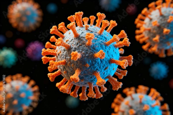 Fototapeta Microscopic view of a virus particle with spike proteins, illustrating viral structure and morphology.