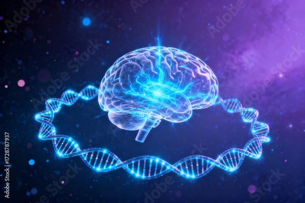 Fototapeta A glowing brain encircled by a DNA double helix against a cosmic background, symbolizing the connection between genetics and neuroscience.