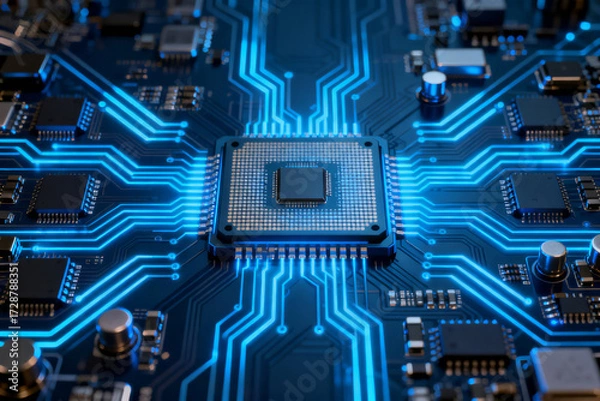Fototapeta Close-up of a microprocessor on a circuit board with illuminated blue pathways