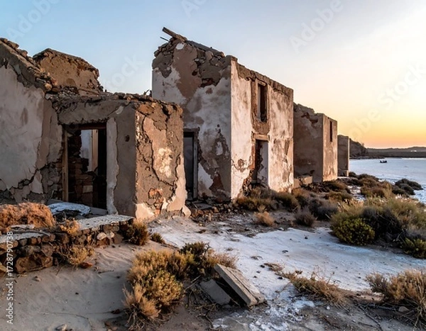 Fototapeta Ruined buildings at sunset over a salt flat