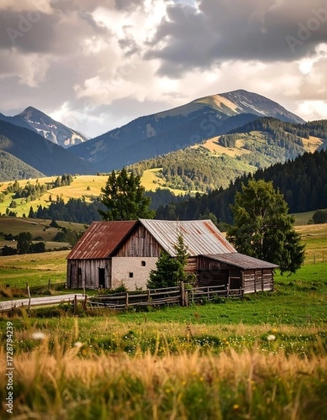 Fototapeta Rustic mountain farm scene