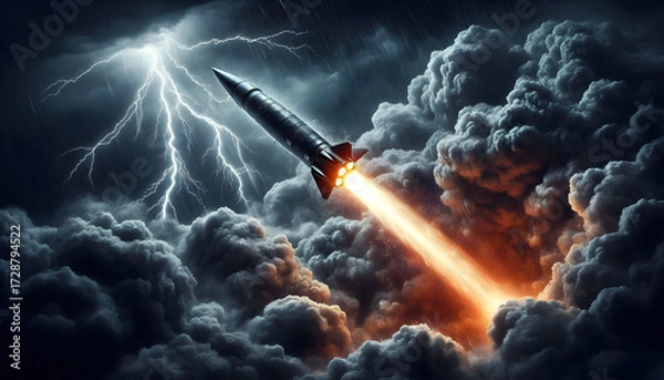 Fototapeta A Missile Blasting Off Through a Violent Thunderstorm Sky Amidst Crashing Lightning