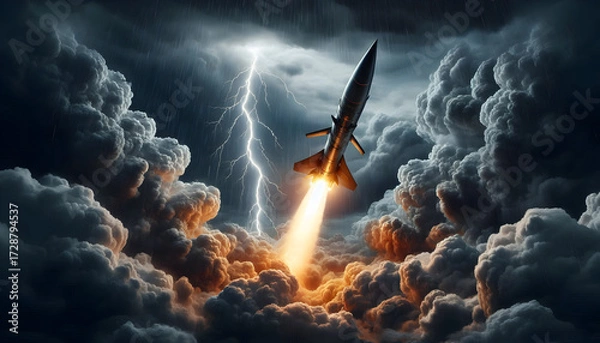Fototapeta A Missile Blasting Off Through a Violent Thunderstorm Sky Amidst Crashing Lightning