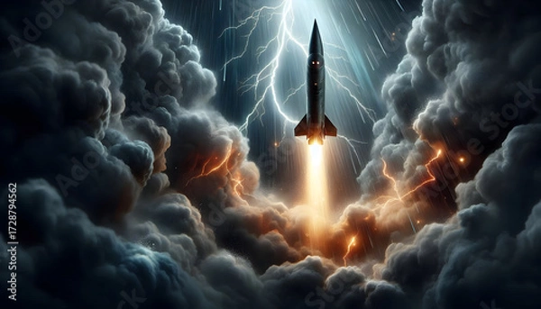 Fototapeta A Missile Blasting Off Through a Violent Thunderstorm Sky Amidst Crashing Lightning