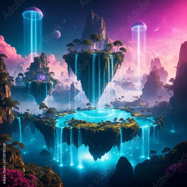 Fototapeta Surreal landscape with floating islands and neon waterfalls, dreamlike atmosphere