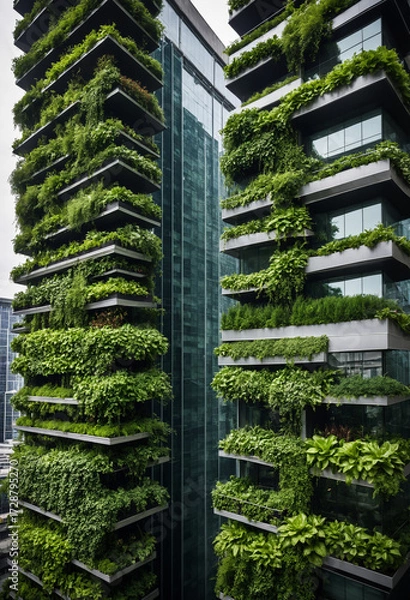 Fototapeta  Photo Vertical urban garden on skyscraper facade, futuristic green architecture