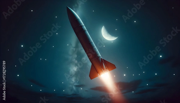 Fototapeta A Ballistic Missile Cruising High Above Mountain Peaks Under a Glowing Crescent Moon