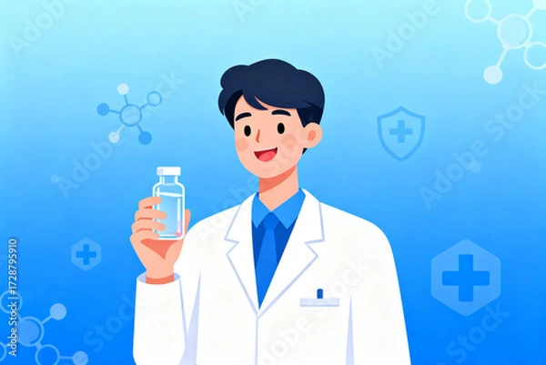 Fototapeta Scientist holding a medicine bottle in a laboratory setting with medical and molecular symbols in the background