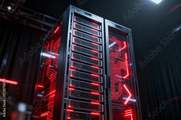 Fototapeta Server racks with red LED lighting in a data center environment