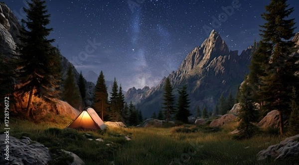 Fototapeta Une tente, la nuit, éclairée par une lumière dans une prairie alpine entourée de pins et de montagnes, avec un ciel étoilé magnifique.