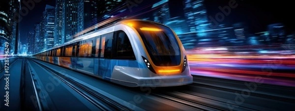 Fototapeta Un train de métro à grande vitesse en mouvement la nuit avec des lumières de ville floues en arrière-plan symbolisant vitesse et modernité, vue panoramique, image avec espace pour texte.