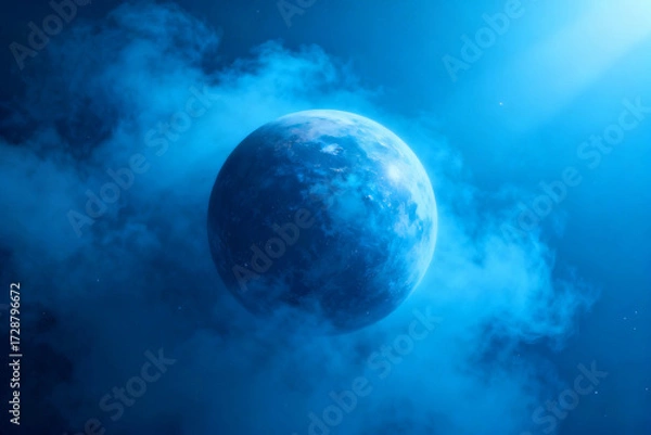 Fototapeta A blue planet illuminated by a bright light source, surrounded by swirling clouds in a cosmic setting