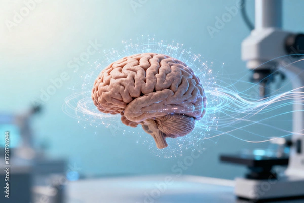 Fototapeta Floating human brain with digital energy waves in a laboratory setting