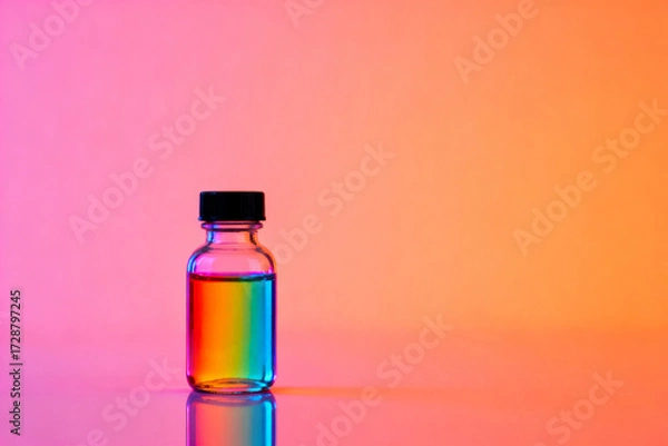 Fototapeta Small glass bottle filled with colorful liquid against a gradient background