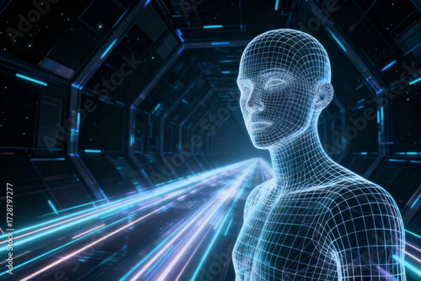 Fototapeta Wireframe human figure in a futuristic tunnel with glowing light trails