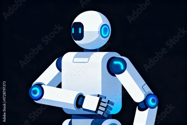 Fototapeta A stylized humanoid robot with glowing blue joints and a spherical head, set against a dark background.