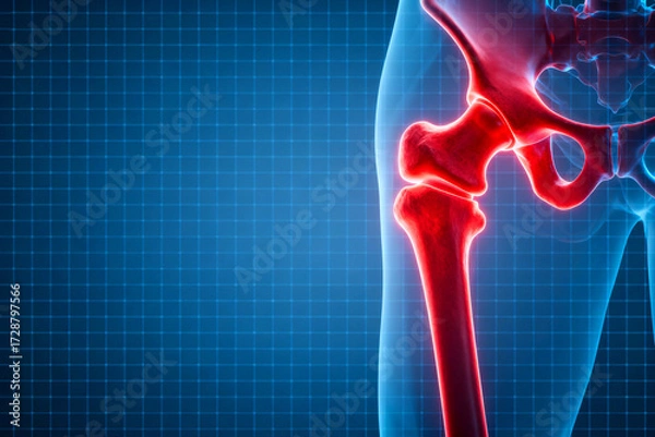 Fototapeta Anatomical illustration of the human hip joint and femur highlighted in red against a blue grid background