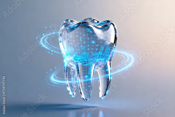Fototapeta Digital representation of a transparent tooth with glowing blue energy rings and grid pattern, symbolizing advanced dental technology.