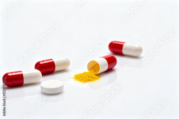 Fototapeta Red and white capsules with one opened, revealing yellow powder on a white surface